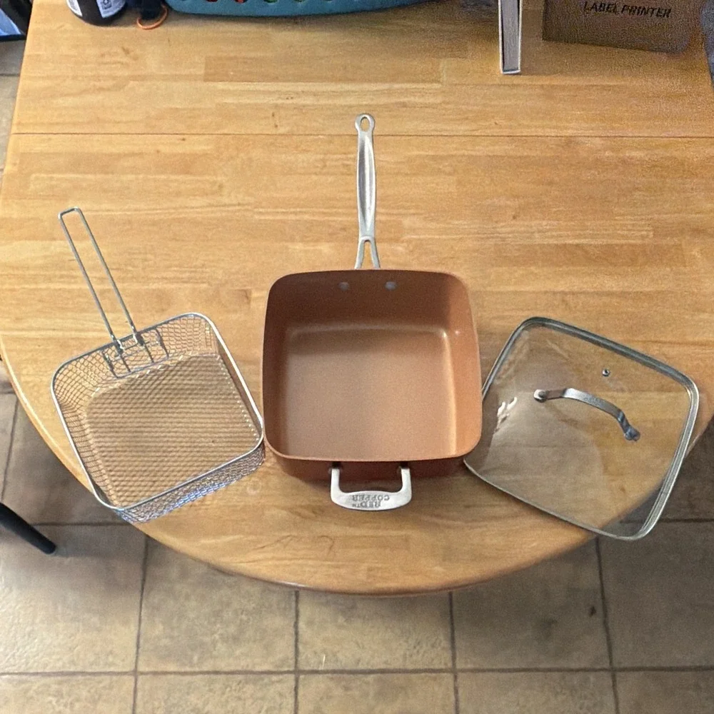 Red Copper Square Non-Stick Frying Pan Set w/ Lid & Fryer Basket, 3pc
